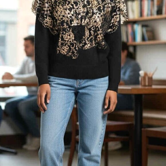 Vintage I.B. Diffusion Black Pullover Silk Blend Knit Sweater Gold Lace Beads L - Picture 2 of 8